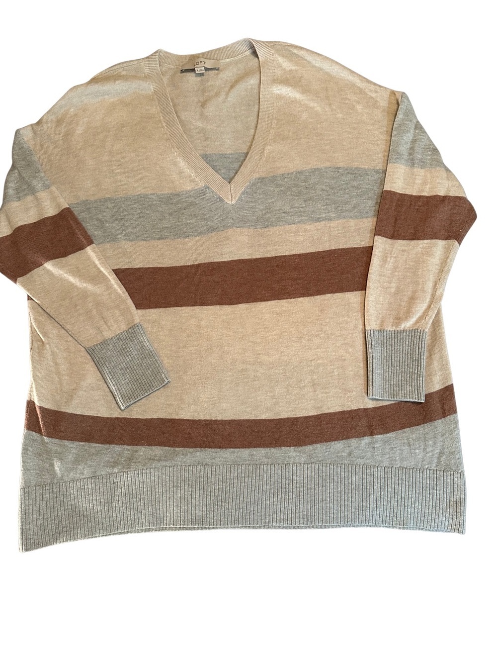 LOFT Sweater Womens XL Tan Brown Gray Striped V-Neck Colorblock Lightweight Knit